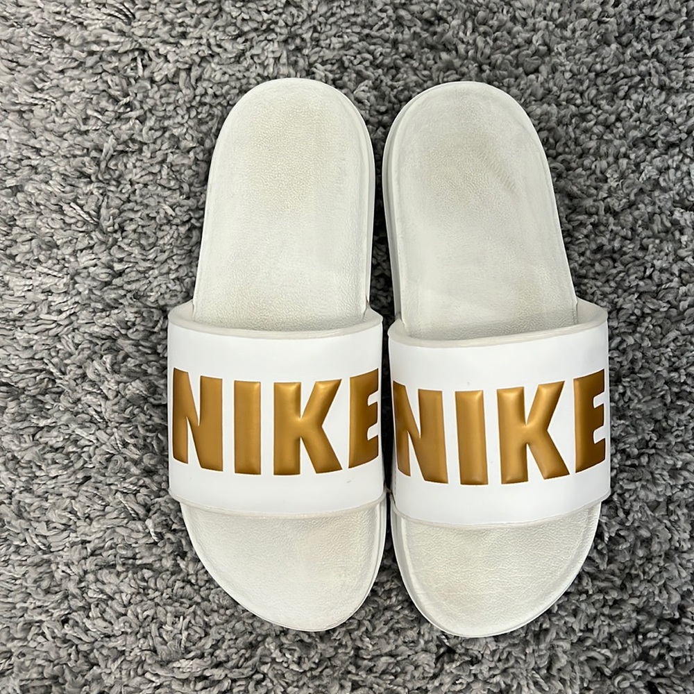 Nike slides white and gold slides size 10 US